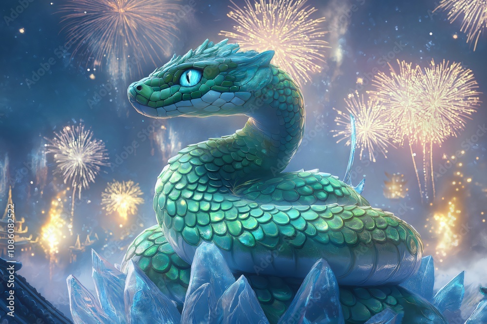 Majestic green snake with intricate scales is coiled on a throne of ice, fireworks exploding in the background Majestic green snake with intricate scales is coiled on a throne of ice, fireworks exploding in the background