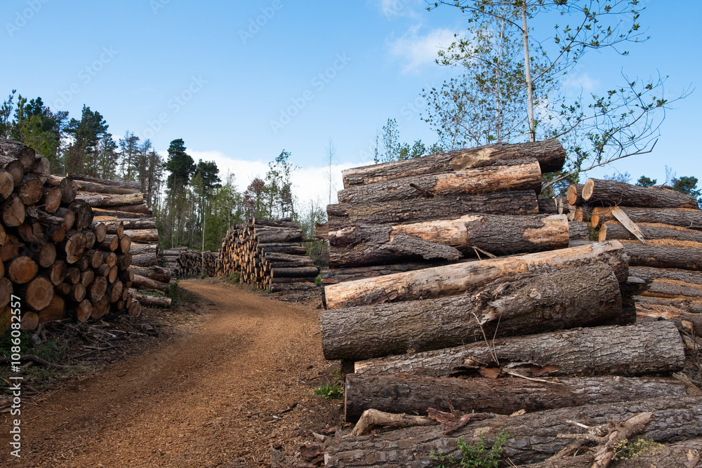 Massive Stack of Timber Logs in a Forest Clearing Massive Stack of Timber Logs in a Forest Clearing