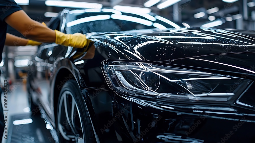 Fototapeta premium Luxury Car Detailing Black Sedan Wash Shine