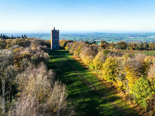 Autumn over Alfred's Tower from a drone, Stourhead, Somerset, England photo