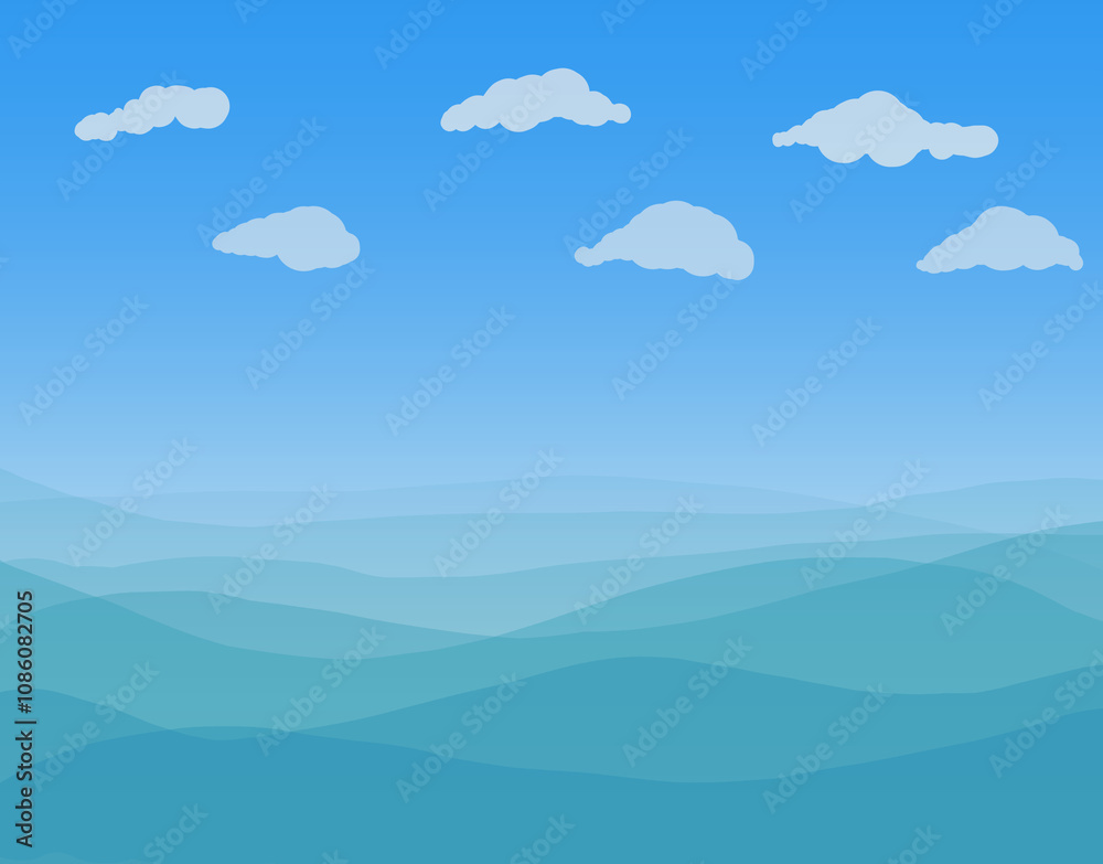 Light green sea waves. White clouds and blue sky above the water surface. Wallpaper design, background, abstract, cartoon