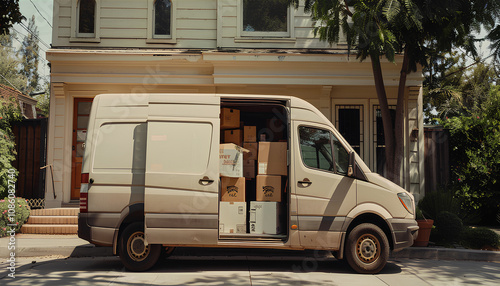 Van full of moving boxes and furniture near house