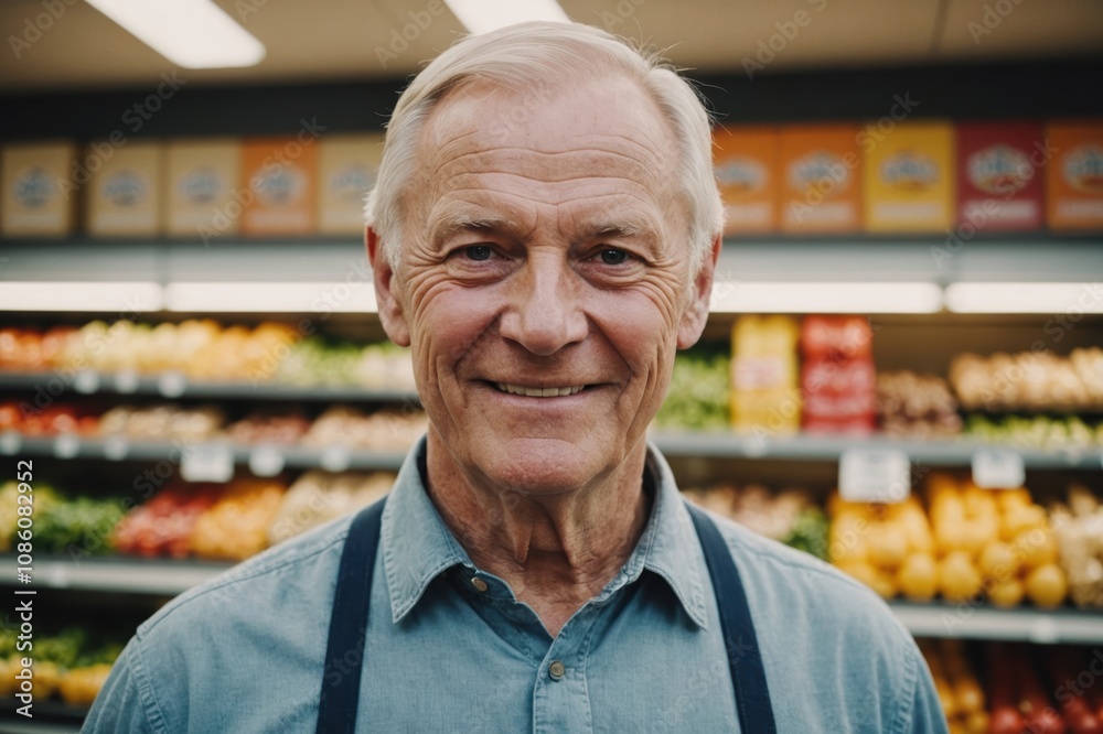 Close portrait of a smiling senior Norwegian male grocer standing and looking at the camera, Norwegian grocery store blurred background Close portrait of a smiling senior Norwegian male grocer standing and looking at the camera, Norwegian grocery store blurred background