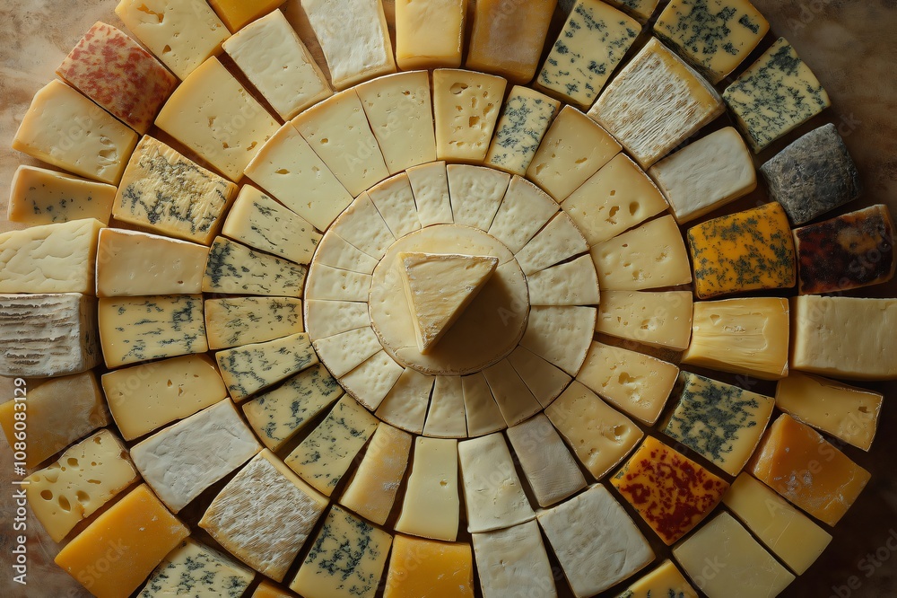 Cheese wheel pattern made with different varieties of cheese forming a circle around a single cheese triangle Cheese wheel pattern made with different varieties of cheese forming a circle around a single cheese triangle