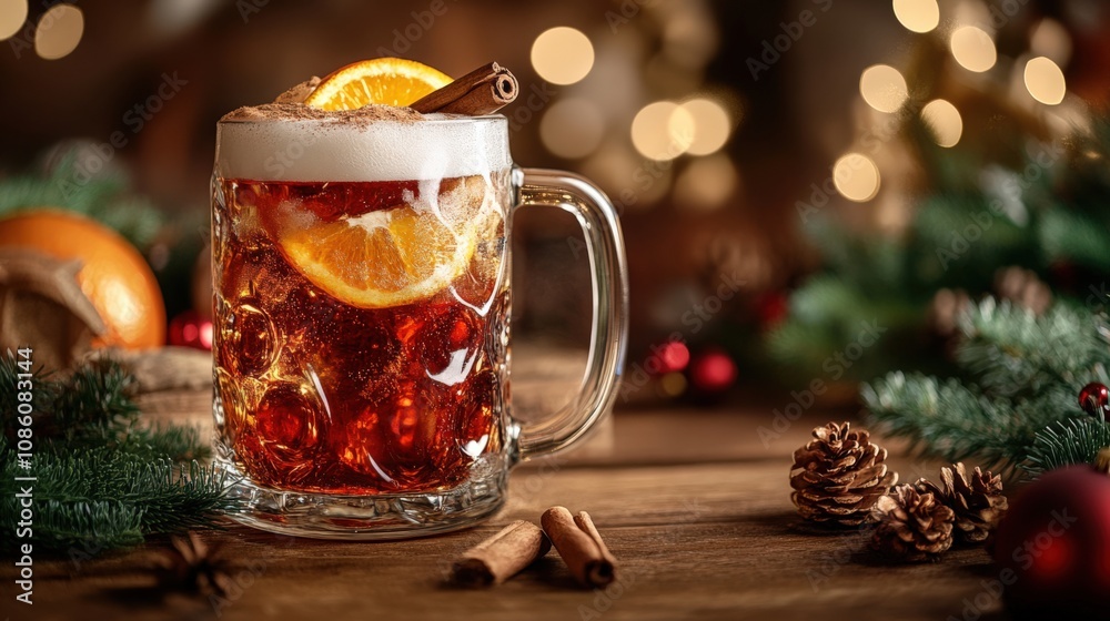 Festive Holiday Beverage with Citrus and Cinnamon on a Wooden Table Festive Holiday Beverage with Citrus and Cinnamon on a Wooden Table