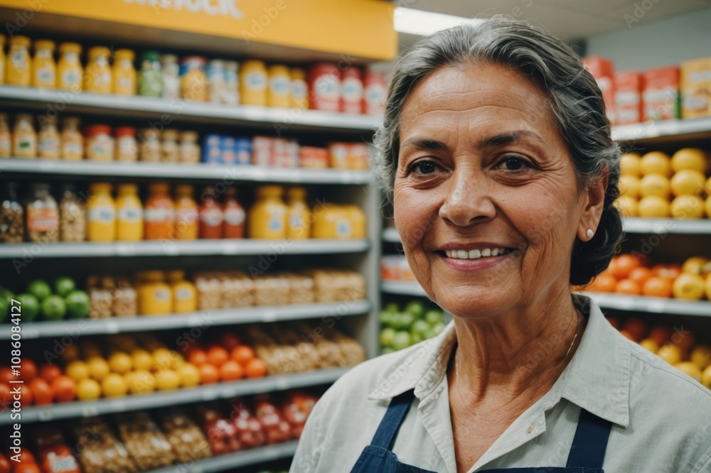 Close portrait of a smiling senior Panamanian female grocer standing and looking at the camera, Panamanian grocery store blurred background Close portrait of a smiling senior Panamanian female grocer standing and looking at the camera, Panamanian grocery store blurred background