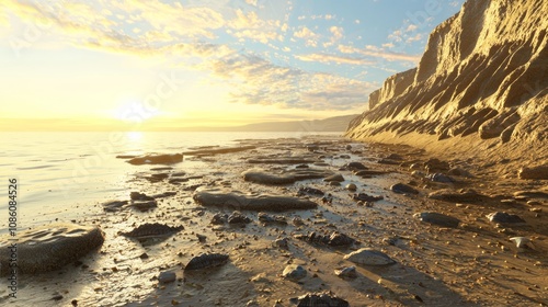 Mystical Cambrian Shoreline Sunrise 3D Render with Ancient Fossils and Soft Illumination, Ultra-Detailed Digital Artwork