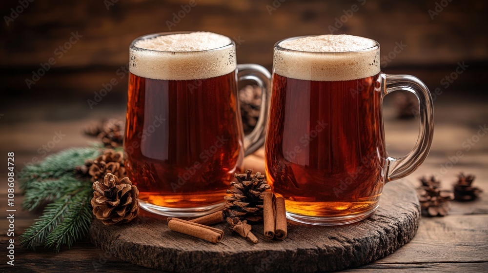 Cozy Autumn Scene with Beer Mugs and Natural Accents Cozy Autumn Scene with Beer Mugs and Natural Accents