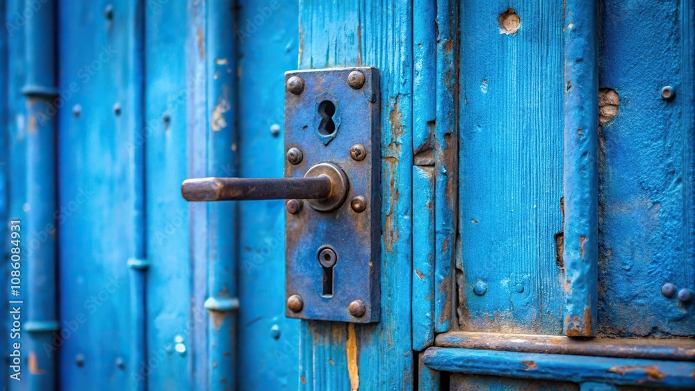 Close up of a blue painted iron lock on a door Close up of a blue painted iron lock on a door