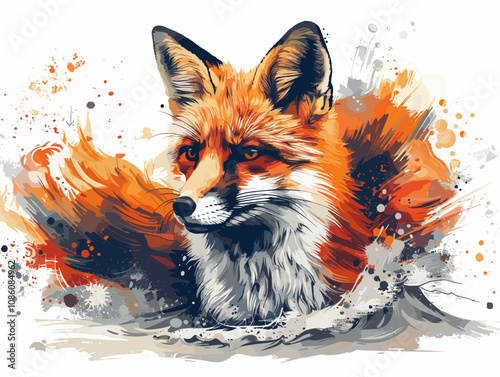 Vector image of a fox on a grunge background with splashes. photo