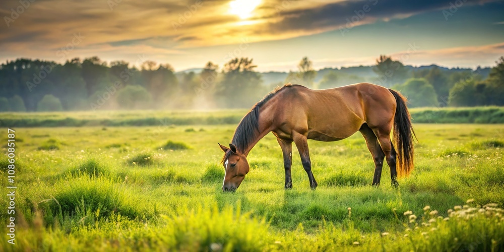 Obraz premium Close-up of a grazing horse on a meadow, showcasing equestrian serenity and harmony
