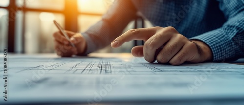 Man is writing with a pencil on a piece of paper. He is pointing at something on the paper