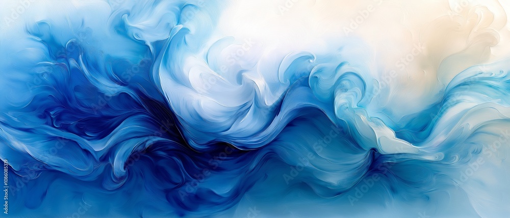 Painting of a wave with blue and white colors. The painting has a calming and serene mood, as the blue and white colors evoke a sense of tranquility and peace. The brushstrokes are loose and fluid Painting of a wave with blue and white colors. The painting has a calming and serene mood, as the blue and white colors evoke a sense of tranquility and peace. The brushstrokes are loose and fluid