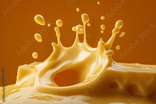 Golden liquid splashing and forming a crown shape with drops over an orange background photo