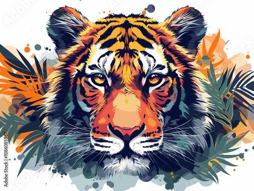 Vector illustration of a tiger on a grunge background with splashes. photo