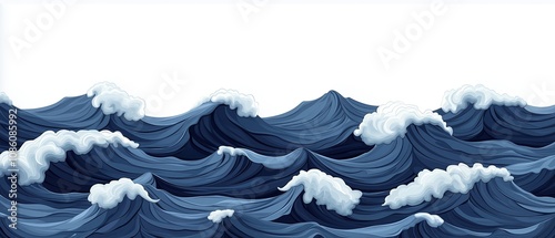 The image is a computer-generated drawing of a large ocean with waves crashing against the shore. Scene is calm and serene, as the waves are gentle and the water appears to be still