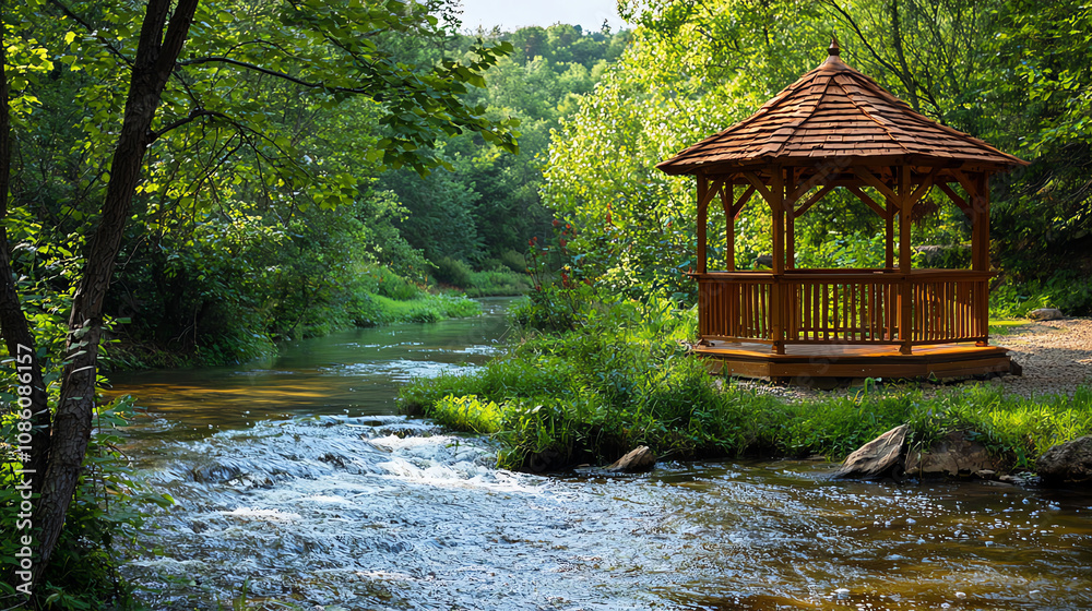 A charming riverside gazebo with a hat-like roof surrounded by lush greenery and flowing water offers a perfect escape for relaxation A charming riverside gazebo with a hat-like roof surrounded by lush greenery and flowing water offers a perfect escape for relaxation