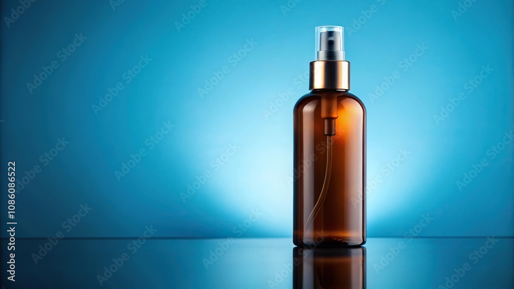 Cosmetic brown bottle with sprayer on blue background Cosmetic brown bottle with sprayer on blue background