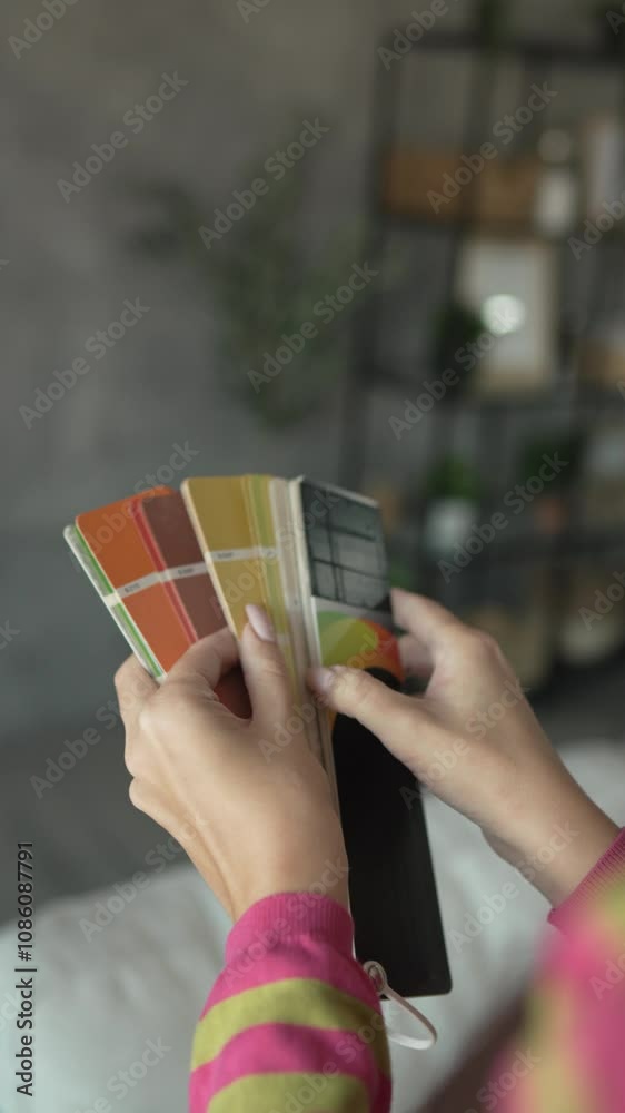 Back view of unknown woman hold yellow color palette at home
