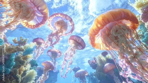 Vibrant Cambrian Underwater Scene with Graceful Jellyfish and Colorful Corals in Ultra-Detailed 3D Render - Captivating Aquatic World