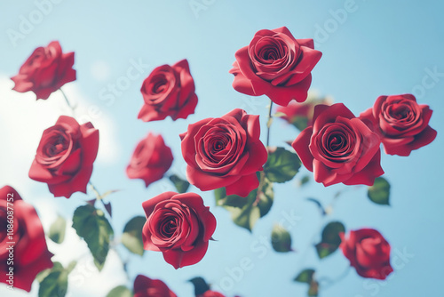 A cluster of stunning red roses reaches upwards against the backdrop of a brilliant blue sky, highlighting their vibrant beauty and symbolizing love and passion.