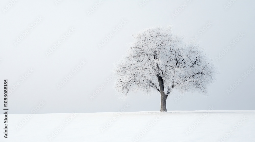 Solitary frost-covered tree in snowy field. Solitary frost-covered tree in snowy field.