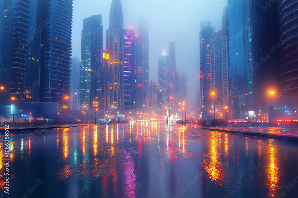 City lights reflecting in water on a street with modern skyscrapers fading into dense fog during a rainy night City lights reflecting in water on a street with modern skyscrapers fading into dense fog during a rainy night