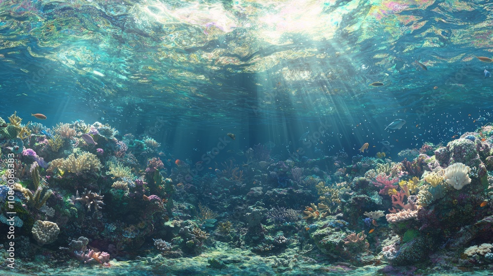 The Enchanting Cambrian Ocean Wonderland - 3D Render Illustration of Vibrant Marine Life and Coral Reefs in Sunlit Waters The Enchanting Cambrian Ocean Wonderland - 3D Render Illustration of Vibrant Marine Life and Coral Reefs in Sunlit Waters