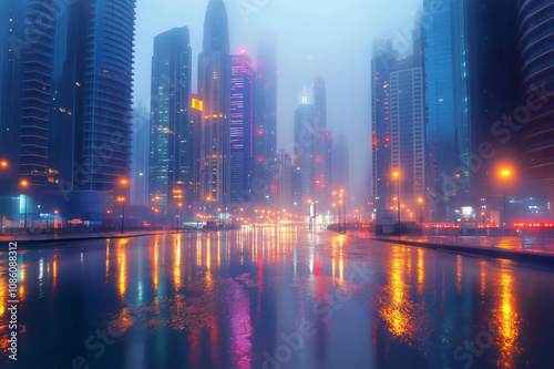 City lights reflecting in water on a street with modern skyscrapers fading into dense fog during a rainy night