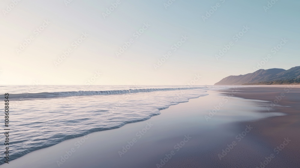Serene Cambrian Beach Twilight - Ultra-Detailed 3D Render of Tranquil Coastal Scene with Soft Waves, Distant Mountains, Peaceful Atmosphere Serene Cambrian Beach Twilight - Ultra-Detailed 3D Render of Tranquil Coastal Scene with Soft Waves, Distant Mountains, Peaceful Atmosphere