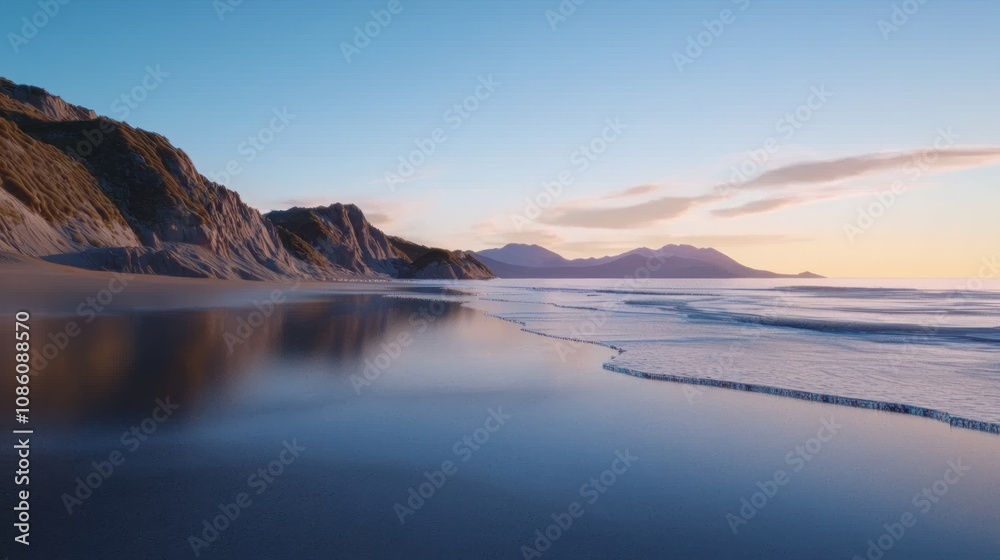 Serene Cambrian Beach Twilight 3D Render with Soft Waves and Distant Mountains - Ultra-Detailed Digital Artwork Serene Cambrian Beach Twilight 3D Render with Soft Waves and Distant Mountains - Ultra-Detailed Digital Artwork
