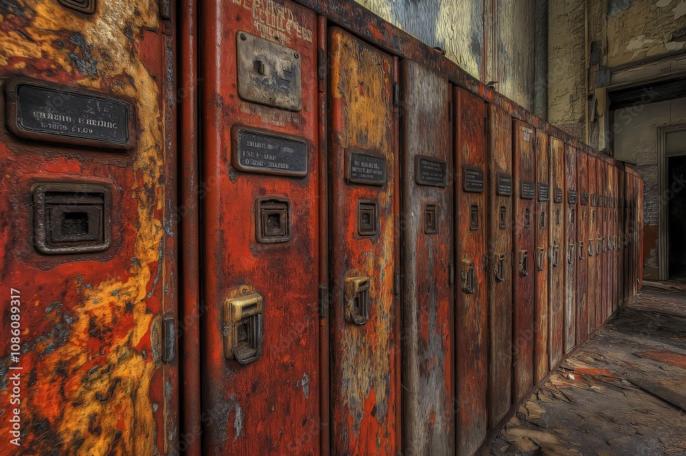 Rusting lockers stand in an abandoned school building, hinting at a forgotten past Rusting lockers stand in an abandoned school building, hinting at a forgotten past