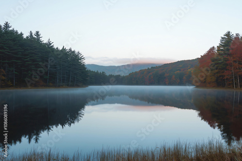 Tranquil lake reflecting the surrounding forest and sky with a thin layer of fog hovering above the water