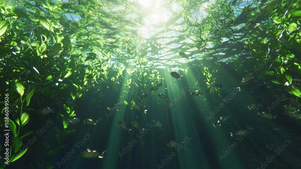 Fototapeta premium Dynamic Cambrian Ocean Scene with Schools of Fish and Vibrant Seaweed - Ultra-Detailed 3D Render Illustration of Thriving Underwater World