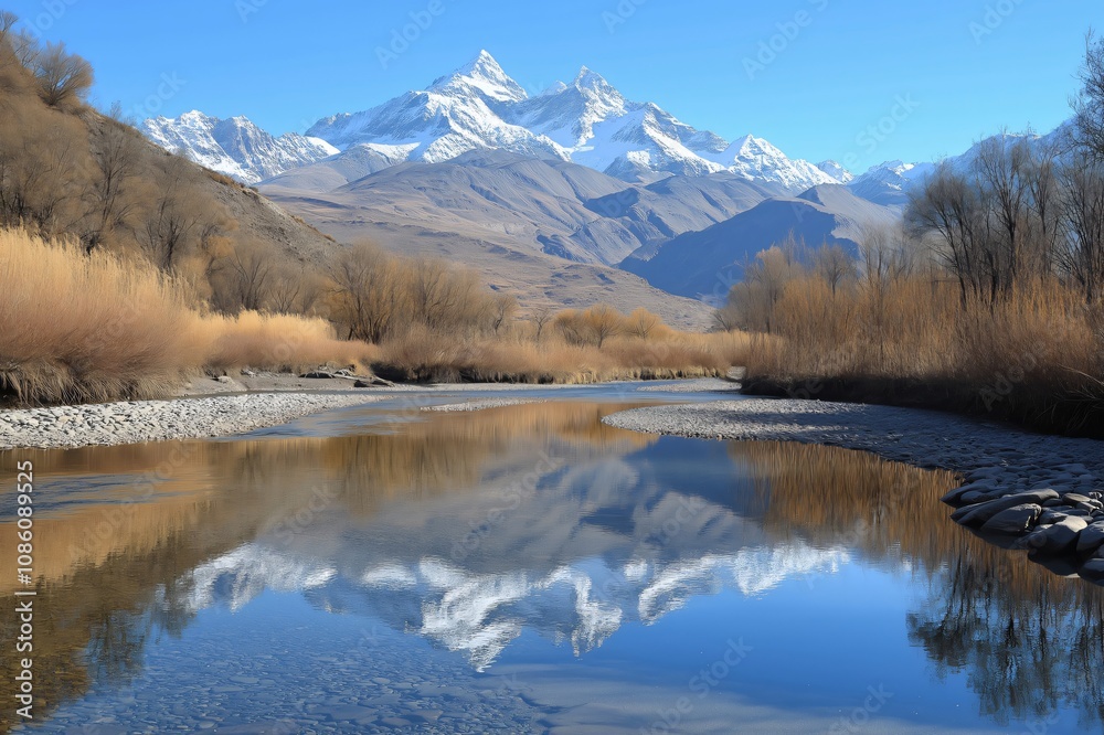 Serene mountain river is reflecting the surrounding snow capped peaks on a sunny day Serene mountain river is reflecting the surrounding snow capped peaks on a sunny day