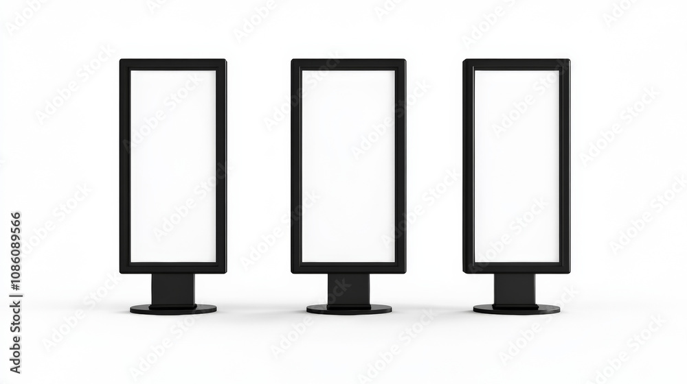 Three empty vertical billboards stand side by side on a white isolated layer Three empty vertical billboards stand side by side on a white isolated layer
