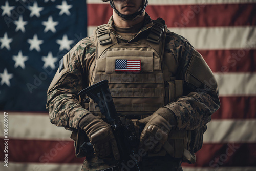 Soldier wearing camouflage uniform and holding a rifle is standing in front of an American flag