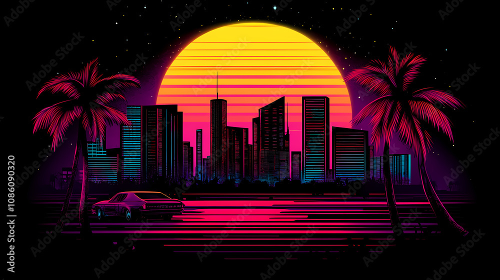 Fototapeta premium Retrowave. sunset with palm trees. city in neon lights. car. car speed on the road in the night city. retro wave neon lights noir tinting colors. futuristic background. Neon Noir. Illustration