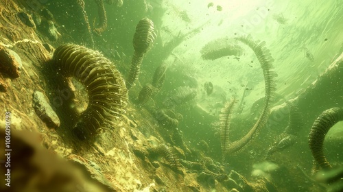 Intriguing Cambrian Explosion: Ultra-Detailed 3D Render of Diverse Underwater Life Amid Swirling Sediment