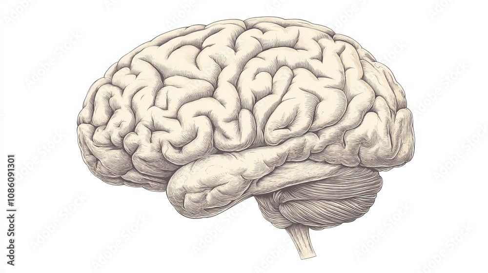 Monochrome Engraved Side View Brain Illustration on White Background Monochrome Engraved Side View Brain Illustration on White Background