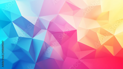 Interlocking, multicolored polygons form a dynamic, abstract background. Shades of blue, pink, and yellow transition smoothly, creating a sense of depth and movement.