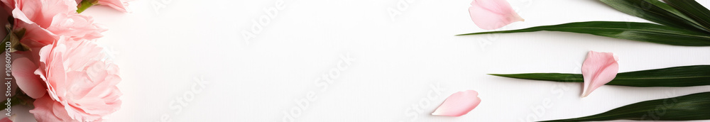 A banner with pink flowers and green palm leaves on a white background, a minimalistic composition