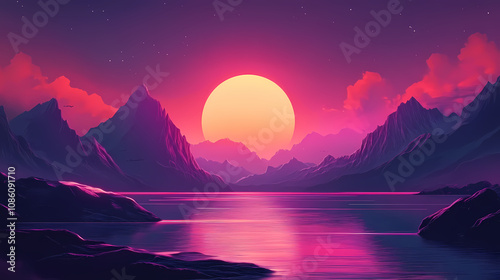 Beautiful landscape with mountains. trendy neon synth wave background with sunset sky. retro style. Neon Noir. Illustration