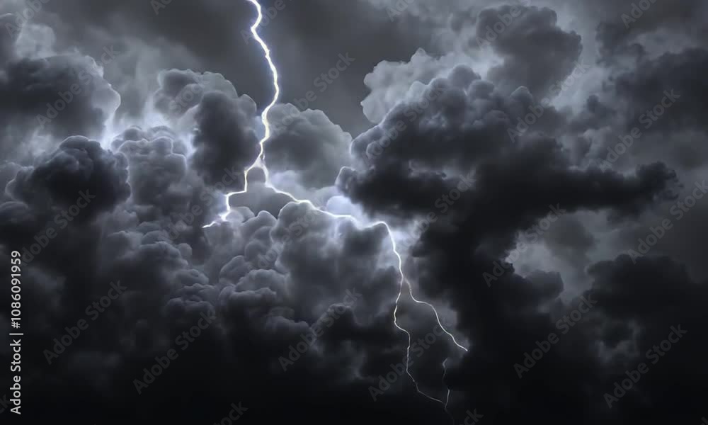 Dramatic view of thunderstorm clouds with intense lightning flashes. Abstract background concept