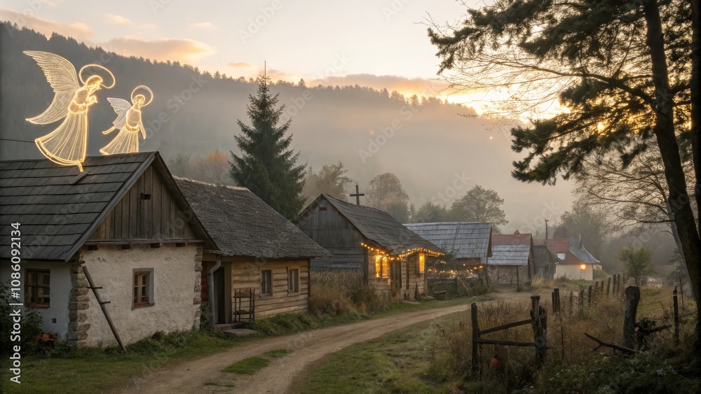 Charming Village at Twilight With Rustic Houses and Festive Angel Lights. Generative AI