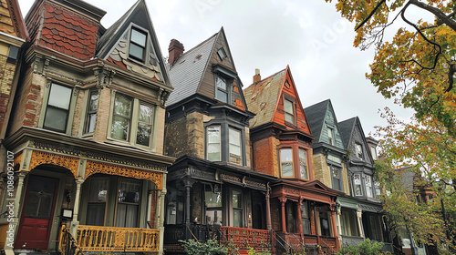 A colorful row of Victorian houses with unique rooftops located in an urban neighborhood under a cloudy sky