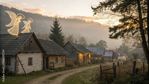 Obraz na płótnie Charming Village at Twilight With Rustic Houses and Festive Angel Lights. Generative AI w salonie