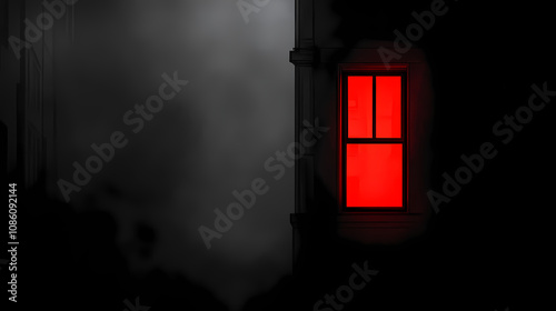 A dark and foggy city street at night with red light peeking through from a window. Neon Noir. Illustration