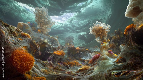 Majestic Cambrian Underwater Landscape in the Midst of a Storm - Ultra-Detailed 3D Render Depicting Marine Life, Corals, and Swirling Currents