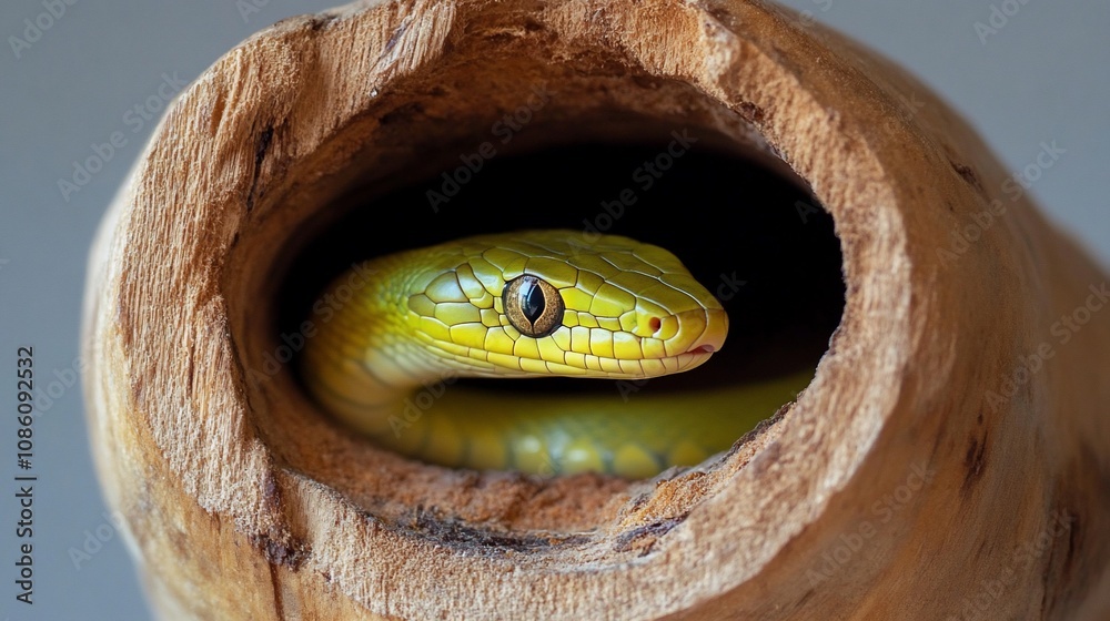 Fototapeta premium Green snake peering from a wooden log.